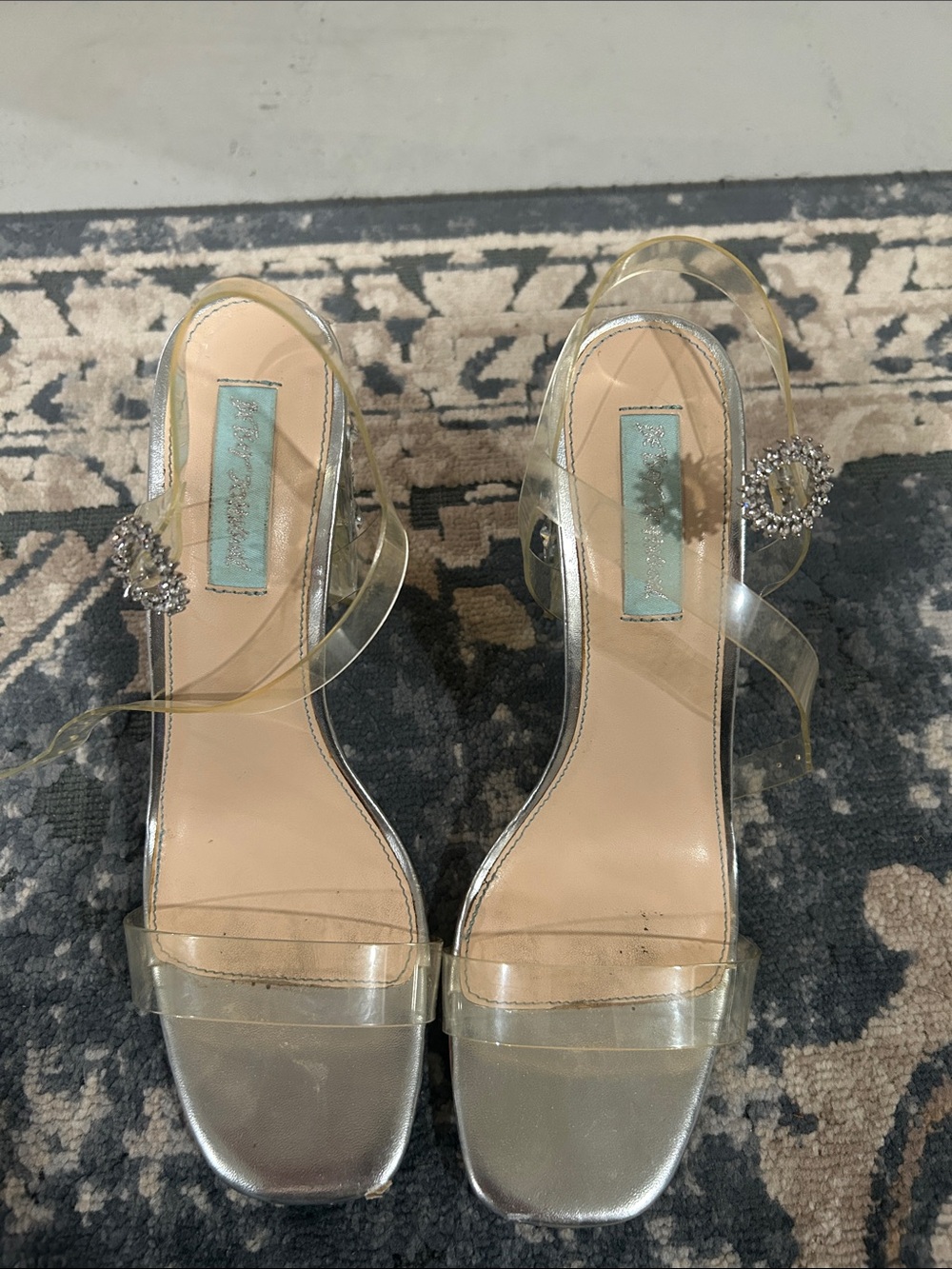 Betsey Johnson Silver Clear Strap Sandals with Rhinestone Buckles